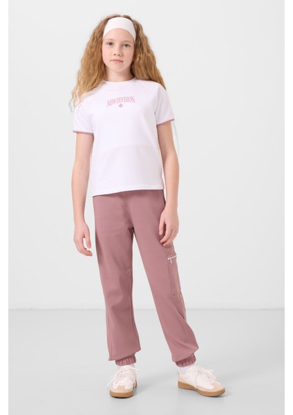 Beyaz-Gül Kurusu O Yaka Baskılı Lastik Paça Kargo Cepli Kız Çocuk Eşofman Takım - 75173