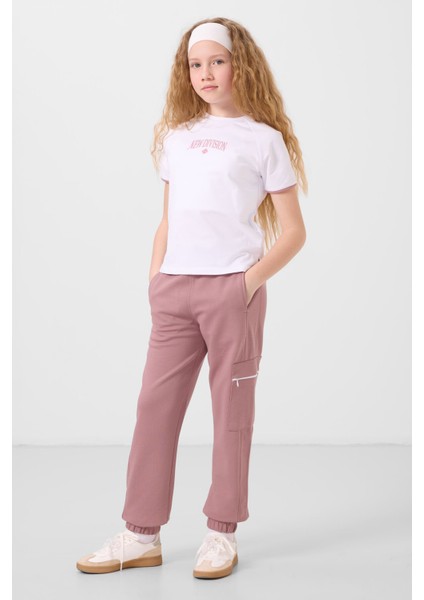 Beyaz-Gül Kurusu O Yaka Baskılı Lastik Paça Kargo Cepli Kız Çocuk Eşofman Takım - 75173 modelleri