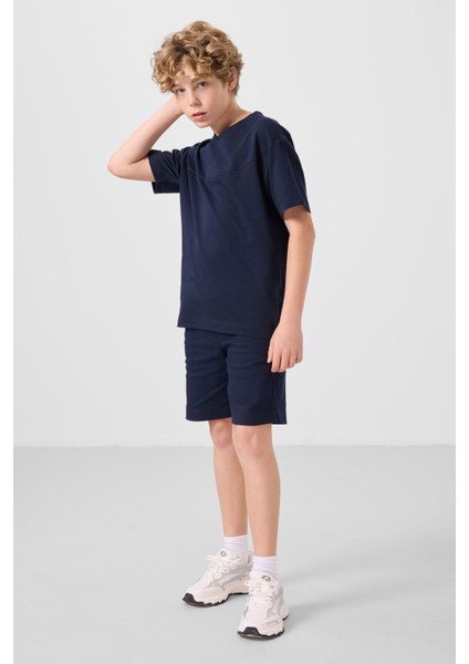 Lacivert Pamuklu Oversize Fit Dokuma Hafif Esnek Chino Erkek Çocuk Şort Takım - 11279