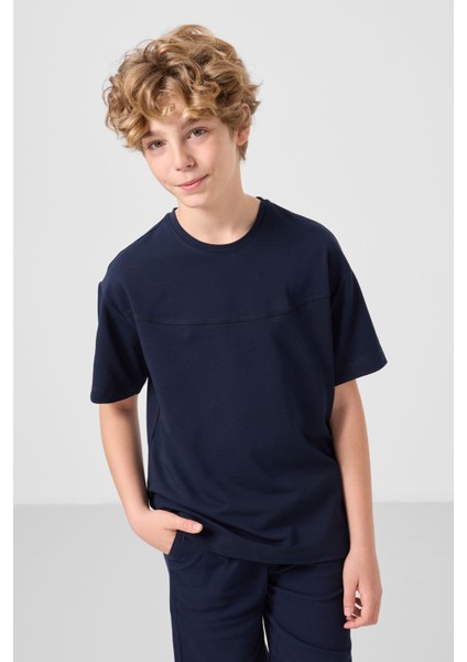 Lacivert Pamuklu Oversize Fit Dokuma Hafif Esnek Chino Erkek Çocuk Şort Takım - 11279 fırsatları