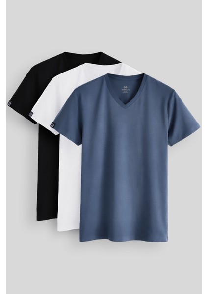 Standart Fit Basic V Yaka 3lü Paket Siyah-Beyaz-Petrol Erkek T-Shirt 87912