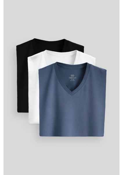 Standart Fit Basic V Yaka 3lü Paket Siyah-Beyaz-Petrol Erkek T-Shirt 87912 fiyatları