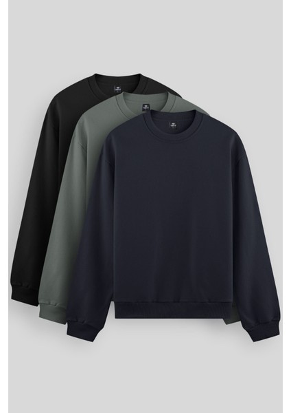 Standart Fit Basic O Yaka 3'lü Paket Siyah-Lacivert-Çağla Erkek Sweatshirt 88053