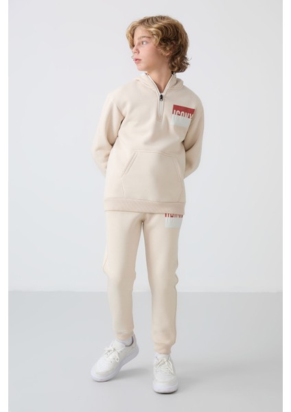 Bej Pamuklu Kalın Içi Tüylü Yumuşak Dokulu Standart Fit Baskılı Erkek Çocuk eşofman takım - 11246