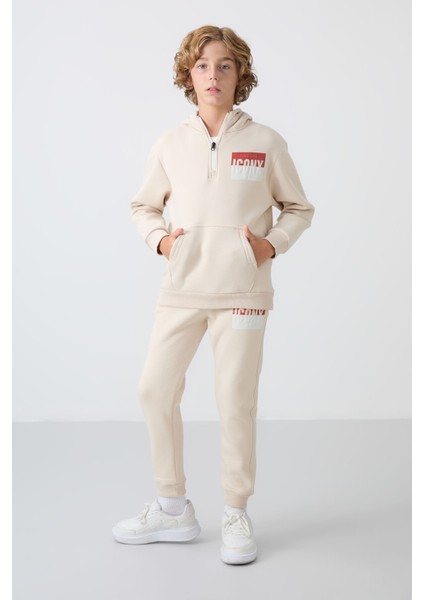 Bej Pamuklu Kalın Içi Tüylü Yumuşak Dokulu Standart Fit Baskılı Erkek Çocuk eşofman takım - 11246 fırsatları