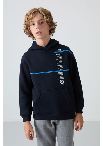 Lacivert Pamuklu Kalın İçi Tüylü Yumuşak Dokulu Standart Fit Baskılı Erkek Çocuk Sweatshirt - 11239