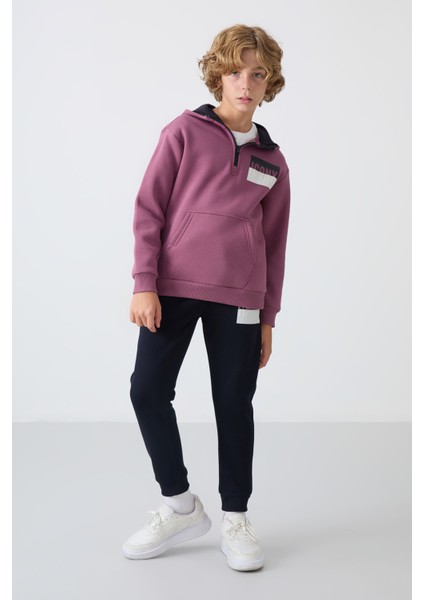 Tommy Life Soft Vişne-Lacivert Pamuklu Kalın Içi Tüylü Yumuşak Dokulu Standart Fit Nakışlı Erkek Çocuk eşofman takım - 11255 modelleri