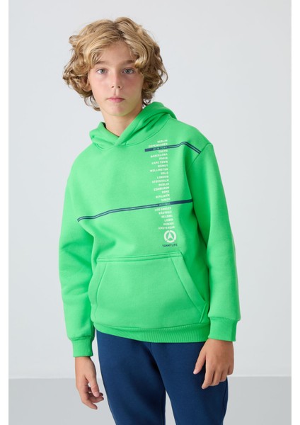Neon Yeşil Pamuklu Kalın İçi Tüylü Yumuşak Dokulu Standart Fit Baskılı Erkek Çocuk Sweatshirt - 11239