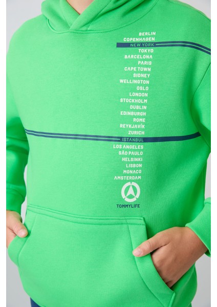 Neon Yeşil Pamuklu Kalın İçi Tüylü Yumuşak Dokulu Standart Fit Baskılı Erkek Çocuk Sweatshirt - 11239 modelleri