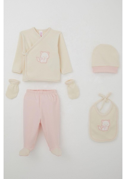 Kız Bebek Hastane Çıkışı 5 Li Sevimli Kedi Nakışlı Fiyonklu 0-3 Ay, Krem