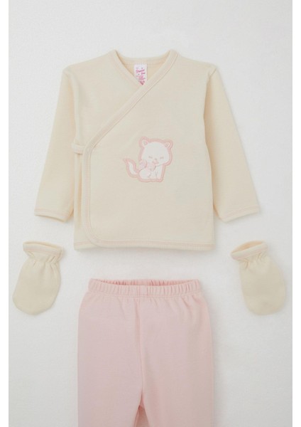 Kız Bebek Hastane Çıkışı 5 Li Sevimli Kedi Nakışlı Fiyonklu 0-3 Ay, Krem modelleri