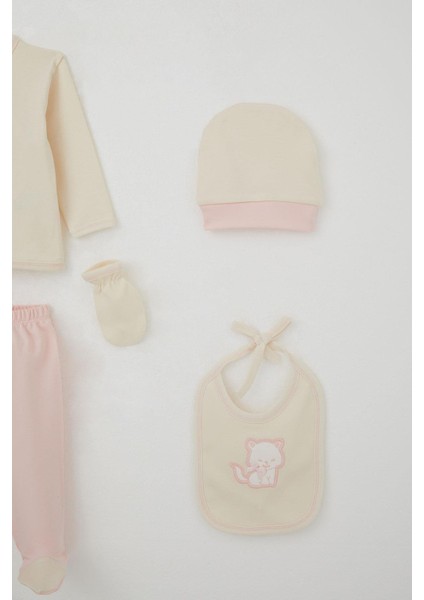 Kız Bebek Hastane Çıkışı 5 Li Sevimli Kedi Nakışlı Fiyonklu 0-3 Ay, Krem indirimleri