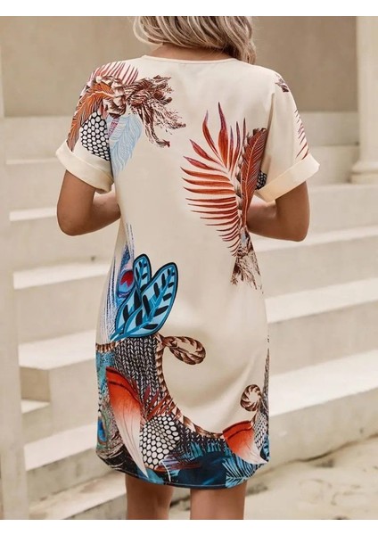 Kadın Kısa Kollu V Yakalı Desenli Mini Atlas Elbise indirimleri