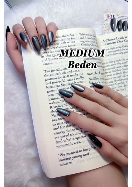 Medıum Beden Siyah Kedi Gözü Tırnak Orta Badem 10 Adet Takma Tırnak Seti Kutulu T139