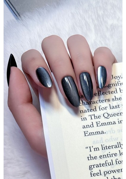 Medıum Beden Siyah Kedi Gözü Tırnak Orta Badem 10 Adet Takma Tırnak Seti Kutulu T139 modelleri