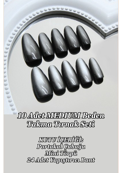 Medıum Beden Siyah Kedi Gözü Tırnak Orta Badem 10 Adet Takma Tırnak Seti Kutulu T139 fırsatları