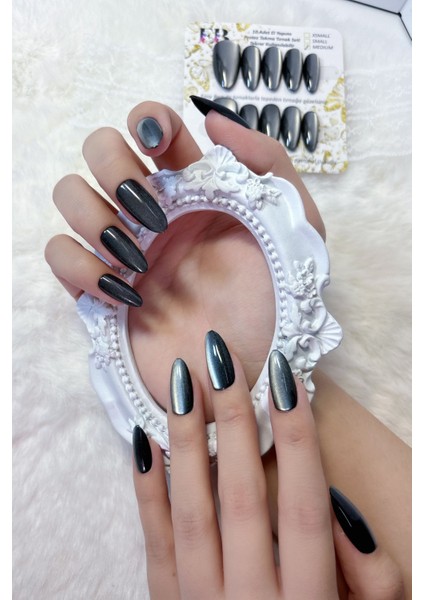 Medıum Beden Siyah Kedi Gözü Tırnak Orta Badem 10 Adet Takma Tırnak Seti Kutulu T139