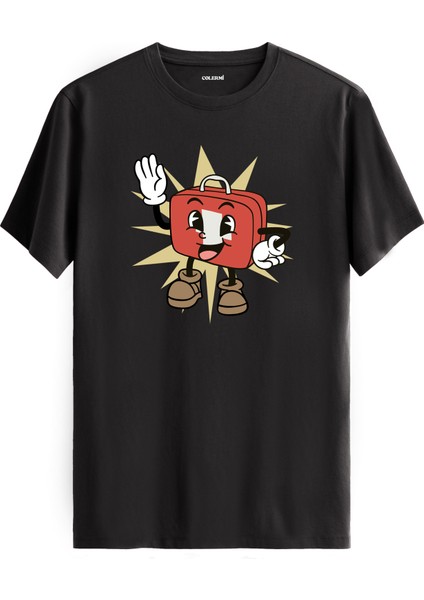 Retro Çizgi Karakterli Valiz Tasarımlı Eğlenceli Sokak Modası Pamuk Tişört
