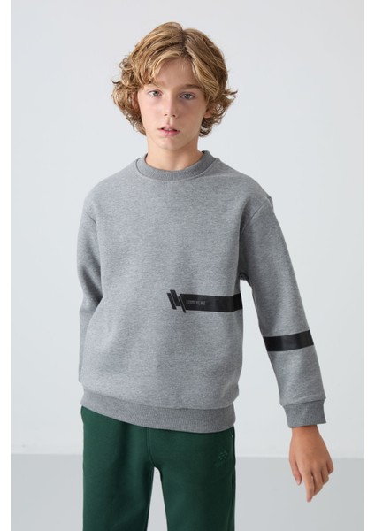 Gri Melanj Pamuklu Kalın İçi Tüylü Yumuşak Dokulu Standart Fit Baskılı Erkek Çocuk Sweatshirt - 11238