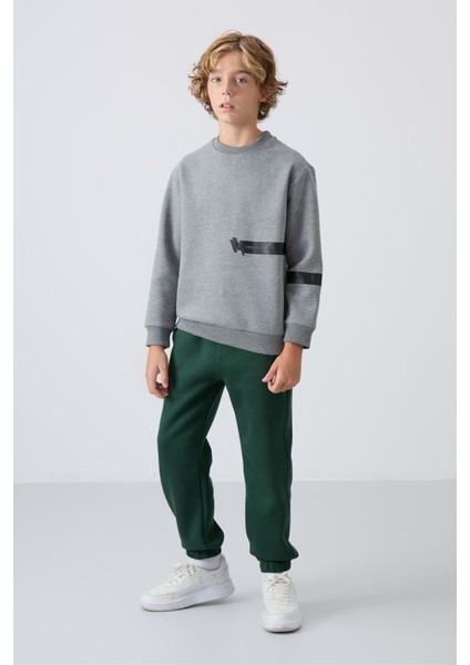 Gri Melanj Pamuklu Kalın İçi Tüylü Yumuşak Dokulu Standart Fit Baskılı Erkek Çocuk Sweatshirt - 11238 modelleri