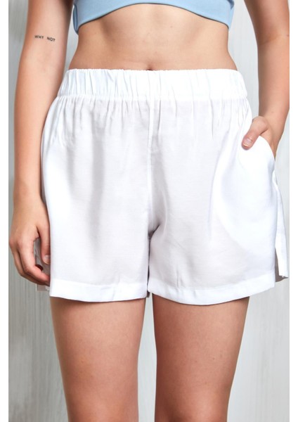 Beyaz Modal Kumaş Oversize Gömlek/şort Alt-Üst Takım 27376