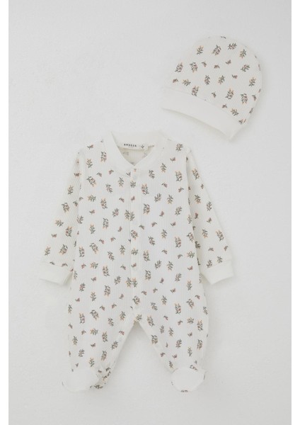 Kız Bebek Patikli Tulum Çiçek Desenli 0-6 Ay, Ekru