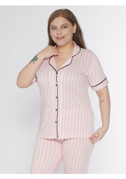 Boydan Düğmeli Battal Büyük Beden Çizgili Kısa Kol Pijama Takımı Alperi B780-26 fiyatları
