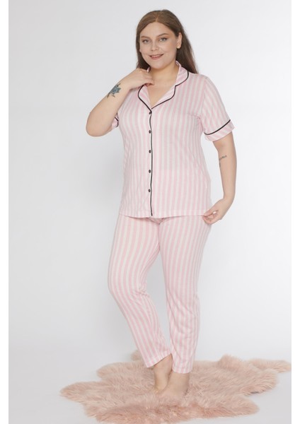 Boydan Düğmeli Battal Büyük Beden Çizgili Kısa Kol Pijama Takımı Alperi B780-26 fırsatları