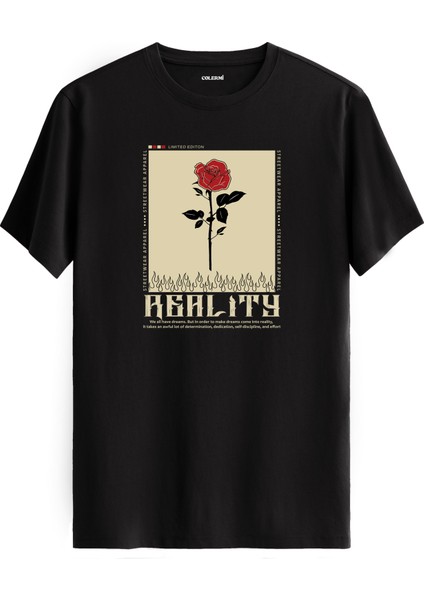Reality Baskılı Gül Tasarım %100 Pamuk Streetwear Stil Tişört
