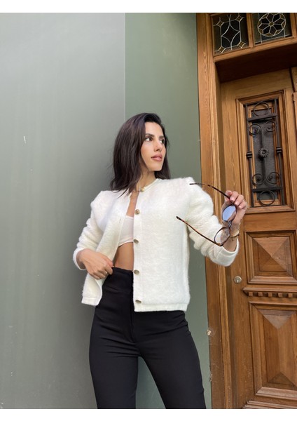 HRK0003 Kadın Teddy Peluş Havlu Örgü Gold Düğmeli Triko Hırka