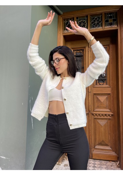 HRK0003 Kadın Teddy Peluş Havlu Örgü Gold Düğmeli Triko Hırka modelleri