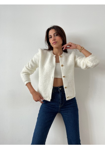 HRK0003 Kadın Teddy Peluş Havlu Örgü Gold Düğmeli Triko Hırka