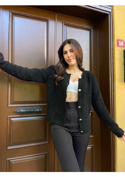 HRK0003 Kadın Teddy Peluş Havlu Örgü Gold Düğmeli Triko Hırka