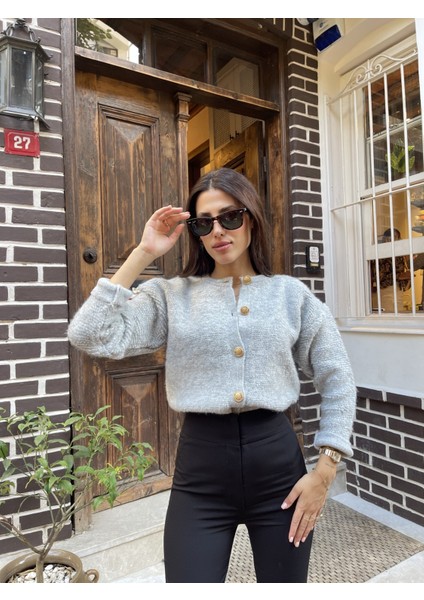 HRK0003 Kadın Teddy Peluş Havlu Örgü Gold Düğmeli Triko Hırka