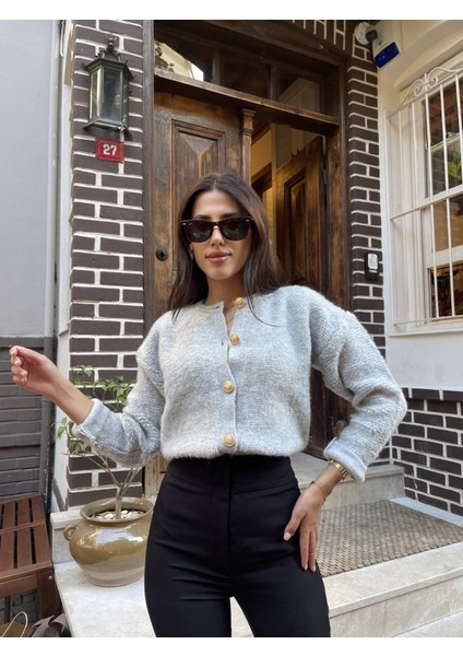 HRK0003 Kadın Teddy Peluş Havlu Örgü Gold Düğmeli Triko Hırka modelleri