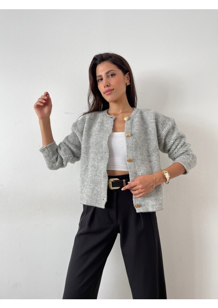 HRK0003 Kadın Teddy Peluş Havlu Örgü Gold Düğmeli Triko Hırka