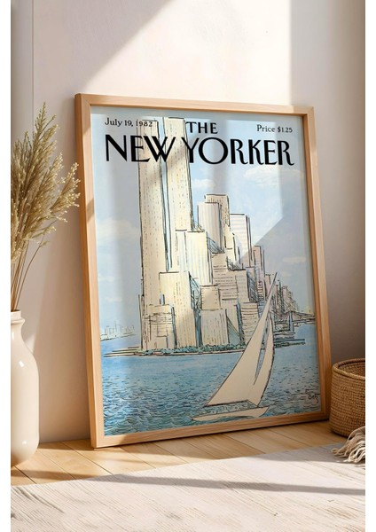 The New Yorker Çerçeveli Tablo July 19 1982 - Yelkenli Tekne ve Dünya Ticeret Merkezi Tablosu