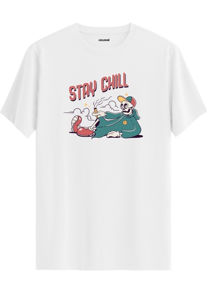 Stay Chill Iskelet Karakter Baskılı Sokak Stili %100 Pamuk Tişört