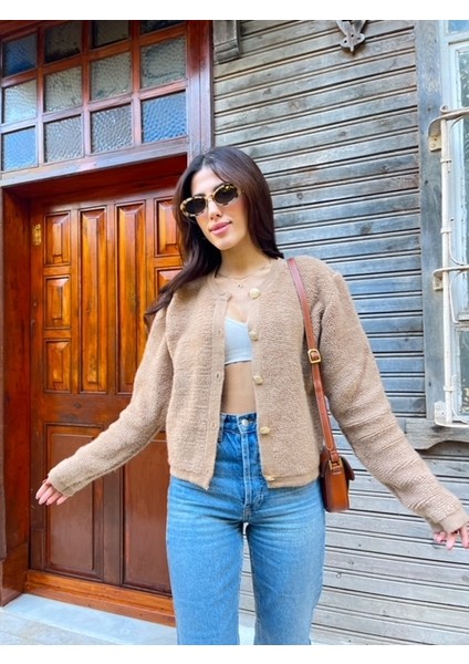 HRK0003 Kadın Teddy Peluş Havlu Örgü Gold Düğmeli Triko Hırka