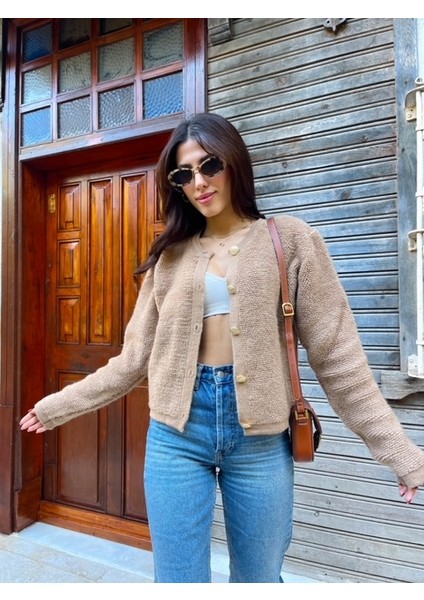 HRK0003 Kadın Teddy Peluş Havlu Örgü Gold Düğmeli Triko Hırka modelleri