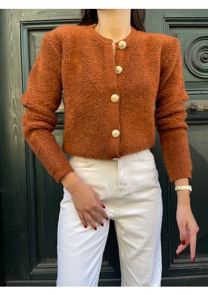 HRK0003 Kadın Teddy Peluş Havlu Örgü Gold Düğmeli Triko Hırka