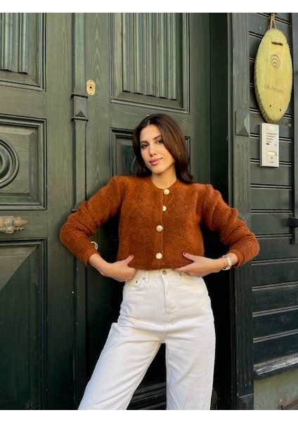 HRK0003 Kadın Teddy Peluş Havlu Örgü Gold Düğmeli Triko Hırka