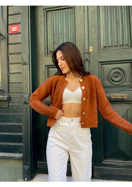 HRK0003 Kadın Teddy Peluş Havlu Örgü Gold Düğmeli Triko Hırka