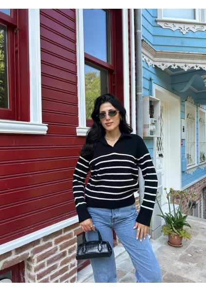 KZK0001 Kadın 1x1 Örgü Çizgili Gömlek Yaka Oversize Kazak