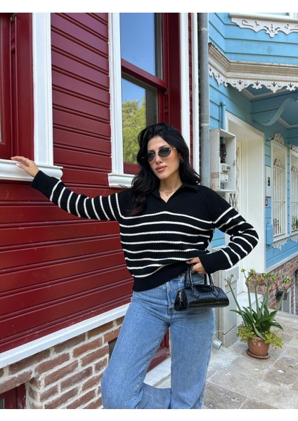 KZK0001 Kadın 1x1 Örgü Çizgili Gömlek Yaka Oversize Kazak fiyatları