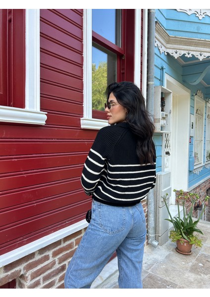 KZK0001 Kadın 1x1 Örgü Çizgili Gömlek Yaka Oversize Kazak modelleri