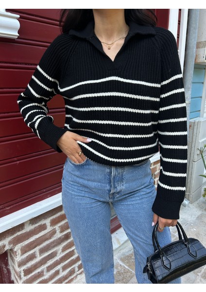 KZK0001 Kadın 1x1 Örgü Çizgili Gömlek Yaka Oversize Kazak fırsatları
