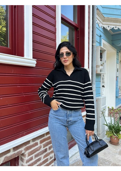 KZK0001 Kadın 1x1 Örgü Çizgili Gömlek Yaka Oversize Kazak indirimleri