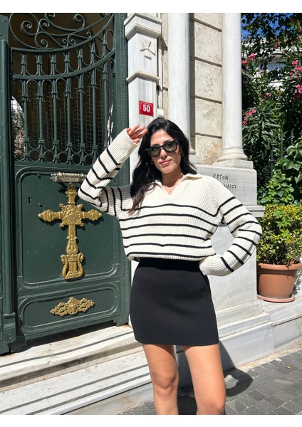 KZK0001 Kadın 1x1 Örgü Çizgili Gömlek Yaka Oversize Kazak fiyatları