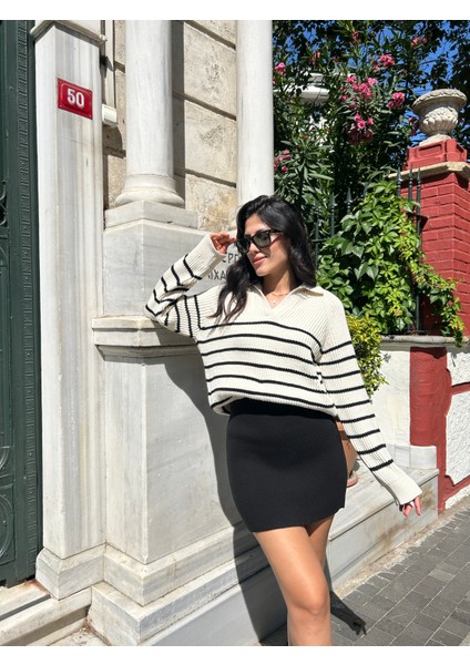 KZK0001 Kadın 1x1 Örgü Çizgili Gömlek Yaka Oversize Kazak modelleri